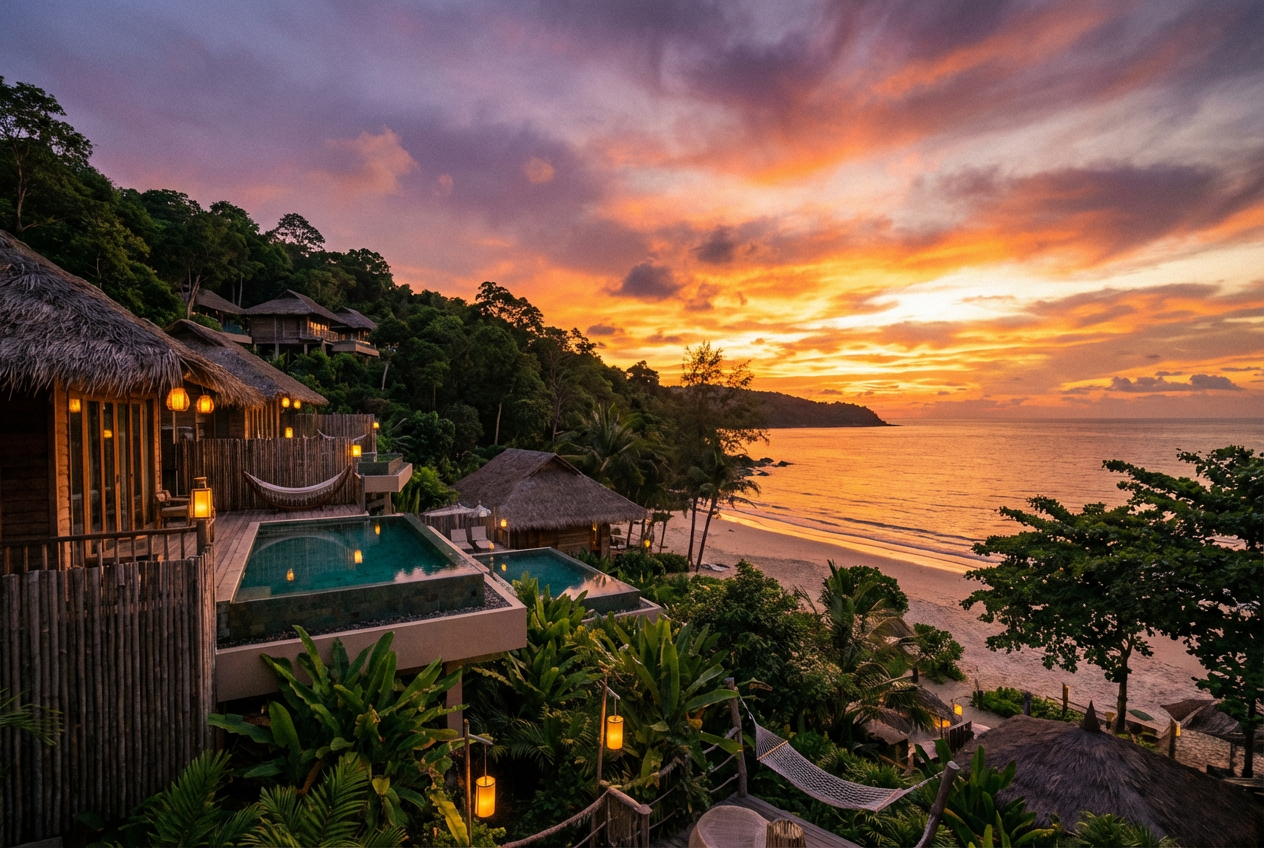 Beachfront view of Ko Rang Nok Resort at sunset