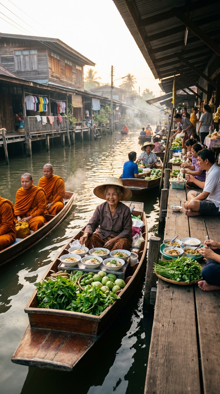 Traditional floating market with monks and local vendors