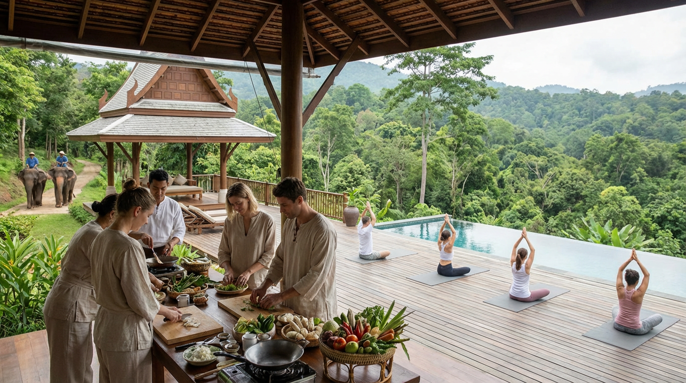 Guests enjoying an open-air cooking and wellness workshop