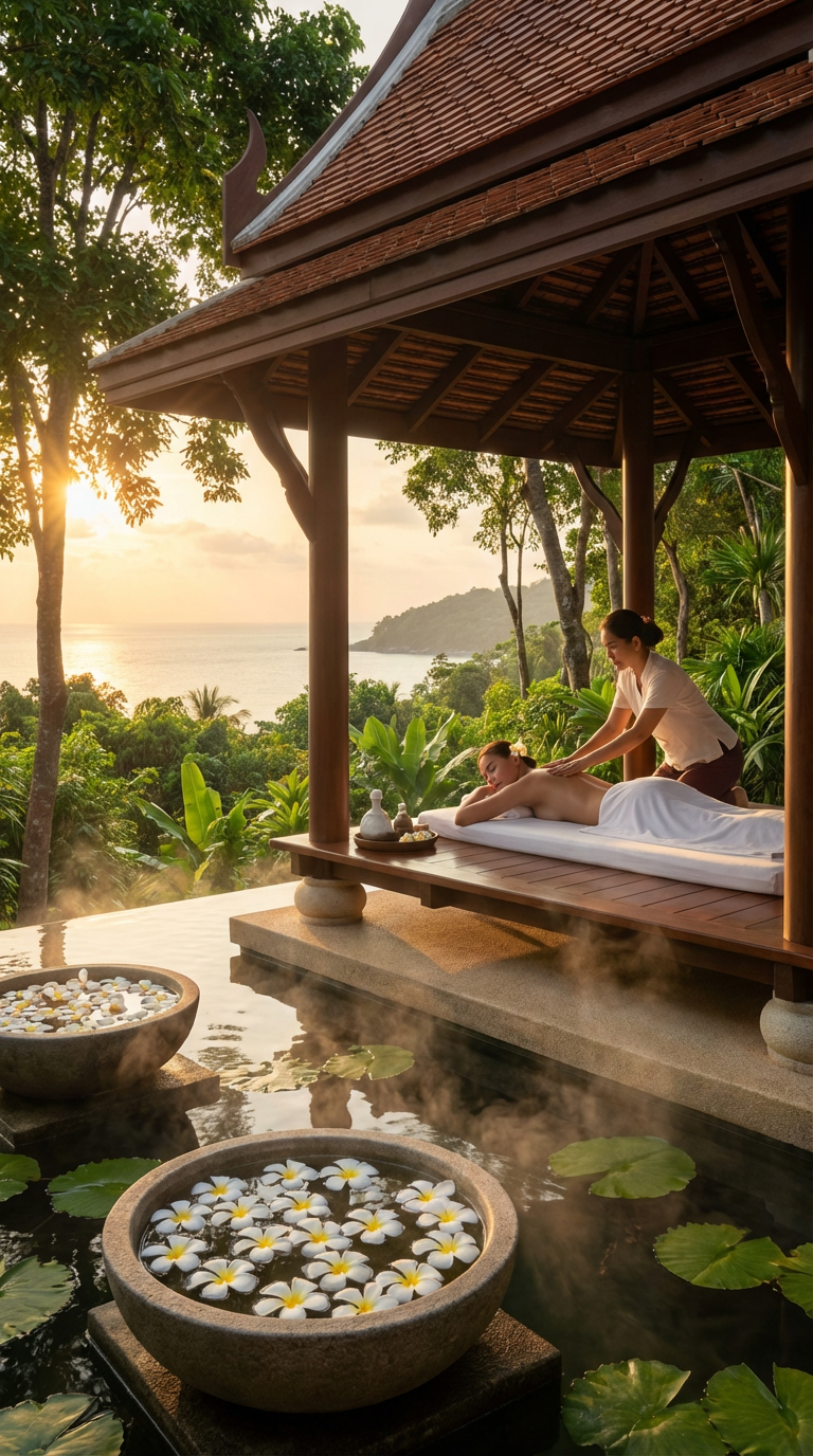 Thai massage in an open-air sala at sunset